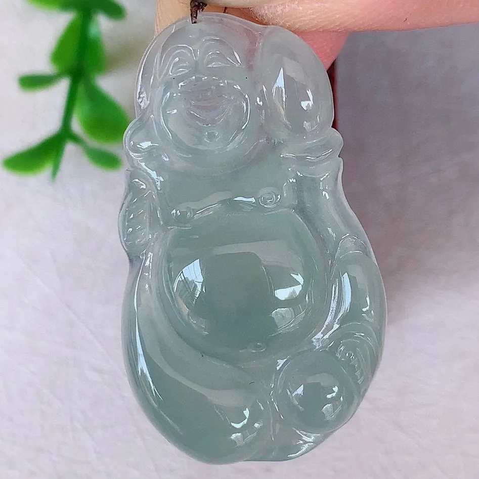 自然光实拍 冰种布袋佛翡翠挂件 代代有钱 水足丰盈 盈满欢喜  配戴送礼佳品！#147.3尺寸35*21*5.2mm