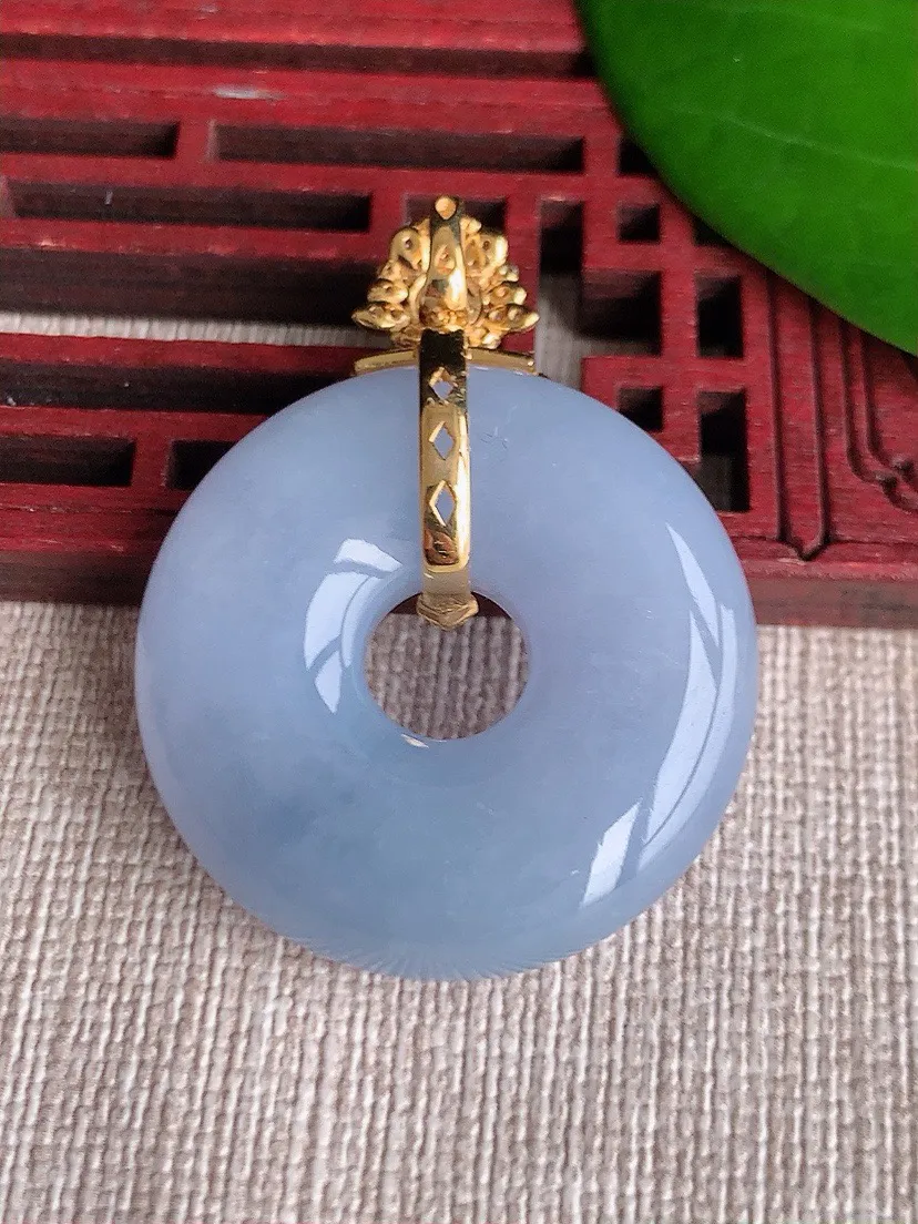 a货翡翠老坑冰种18K金伴钻镶嵌紫罗兰平安环吊坠 尺寸40.4×30.2×8mm 重量17.74g 0604