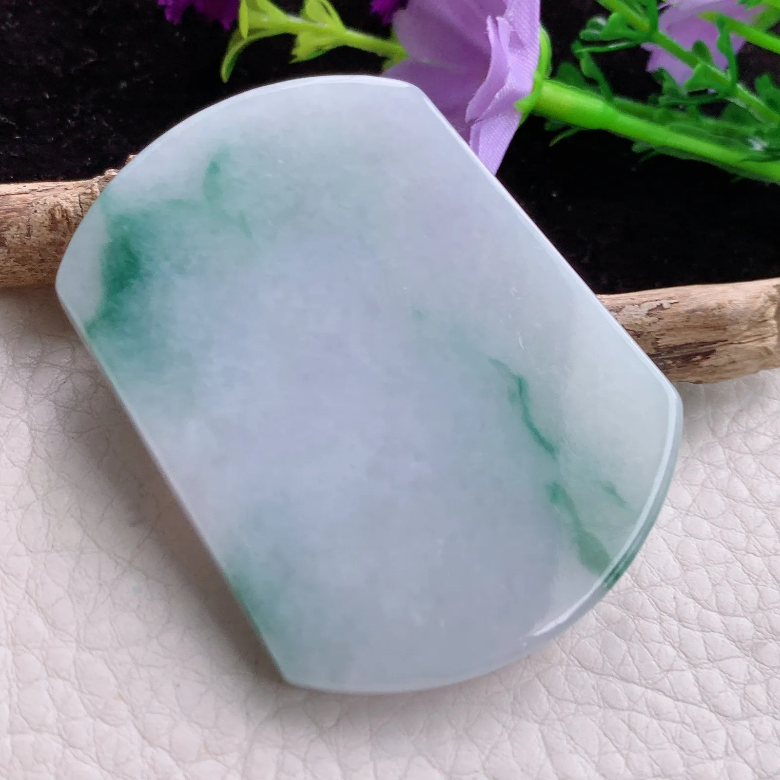 Zen实拍57*43.3*5.8天然翡翠飘花平安无事牌 素面牌玉吊坠 玉挂件