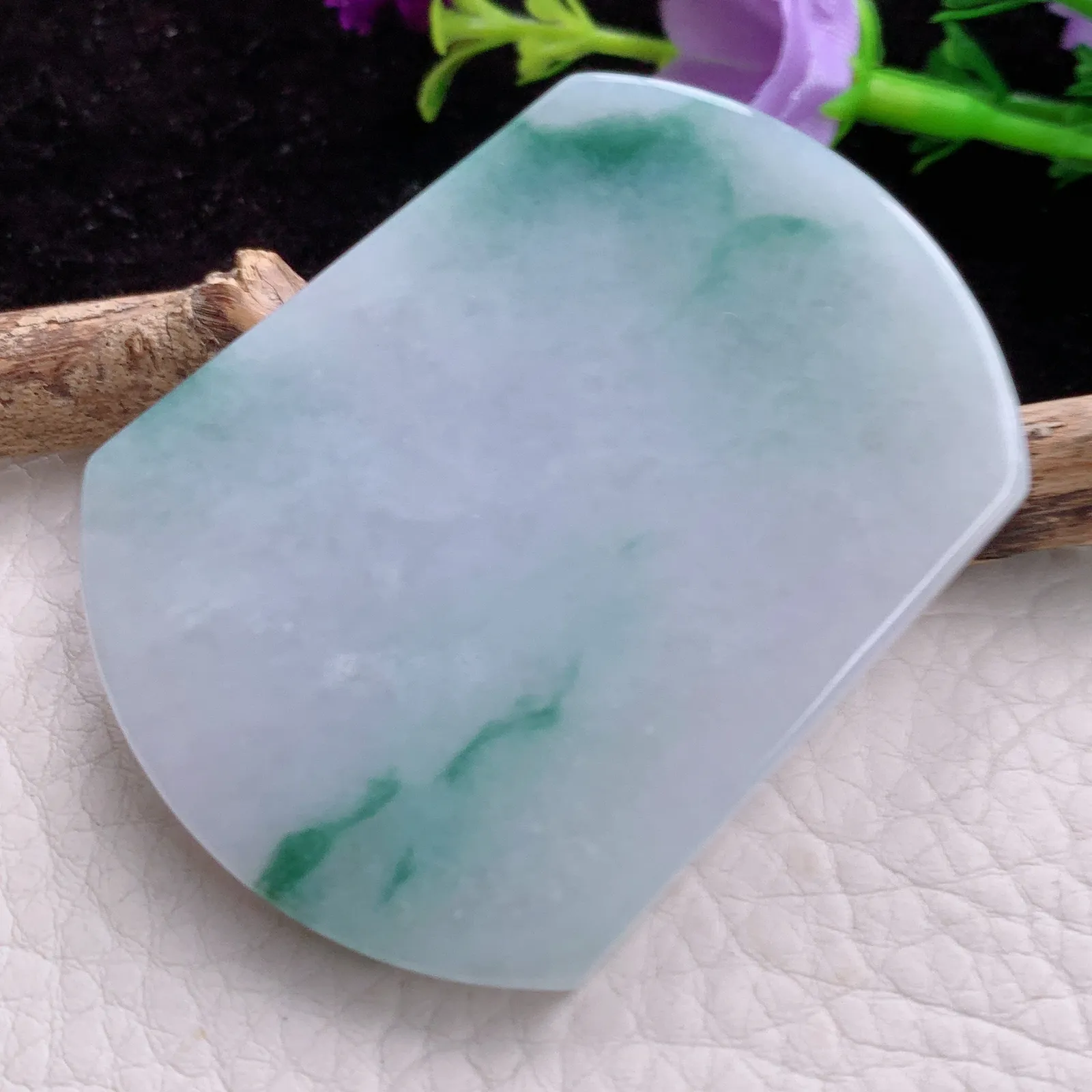 Zen实拍57*43.3*5.8天然翡翠飘花平安无事牌 素面牌玉吊坠 玉挂件