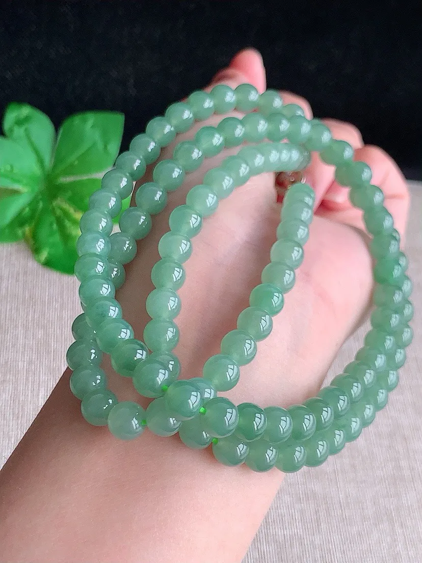 a货翡翠老坑冰种满绿圆珠项链毛衣链108颗 尺寸6.6mm 重量66.70g 0604