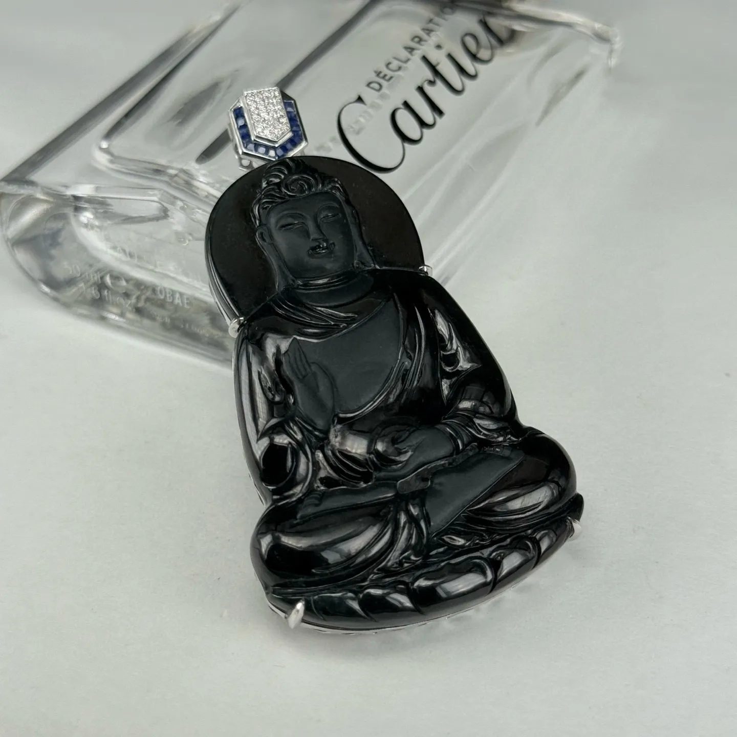 精品墨翠大日如来 种好色正 黑度极好 打灯通透 油性十足 尺寸71