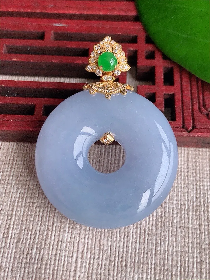 a货翡翠老坑冰种18K金伴钻镶嵌紫罗兰平安环吊坠 尺寸40.4×30.2×8mm 重量17.74g 