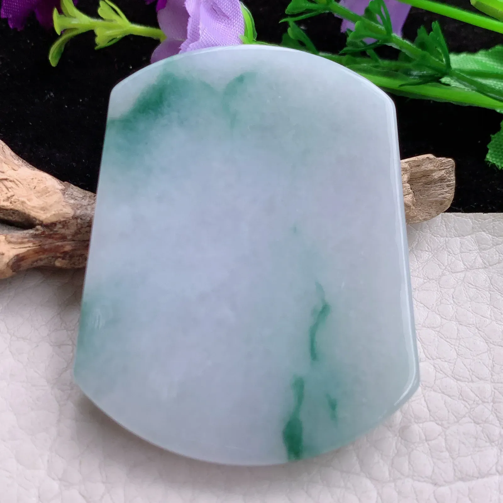 Zen实拍57*43.3*5.8天然翡翠飘花平安无事牌 素面牌玉吊坠 玉挂件