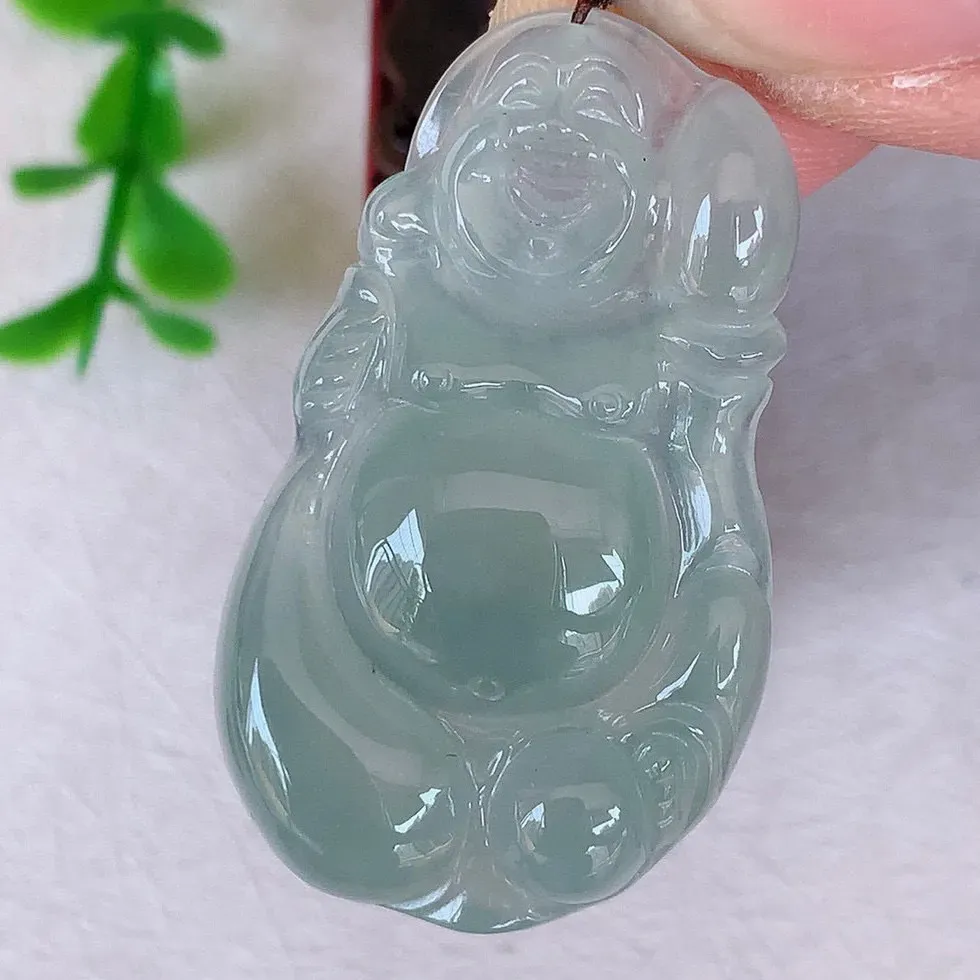 自然光实拍 冰种布袋佛翡翠挂件 代代有钱 水足丰盈 盈满欢喜  配戴送礼佳品！#147.3尺寸35*21*5.2mm