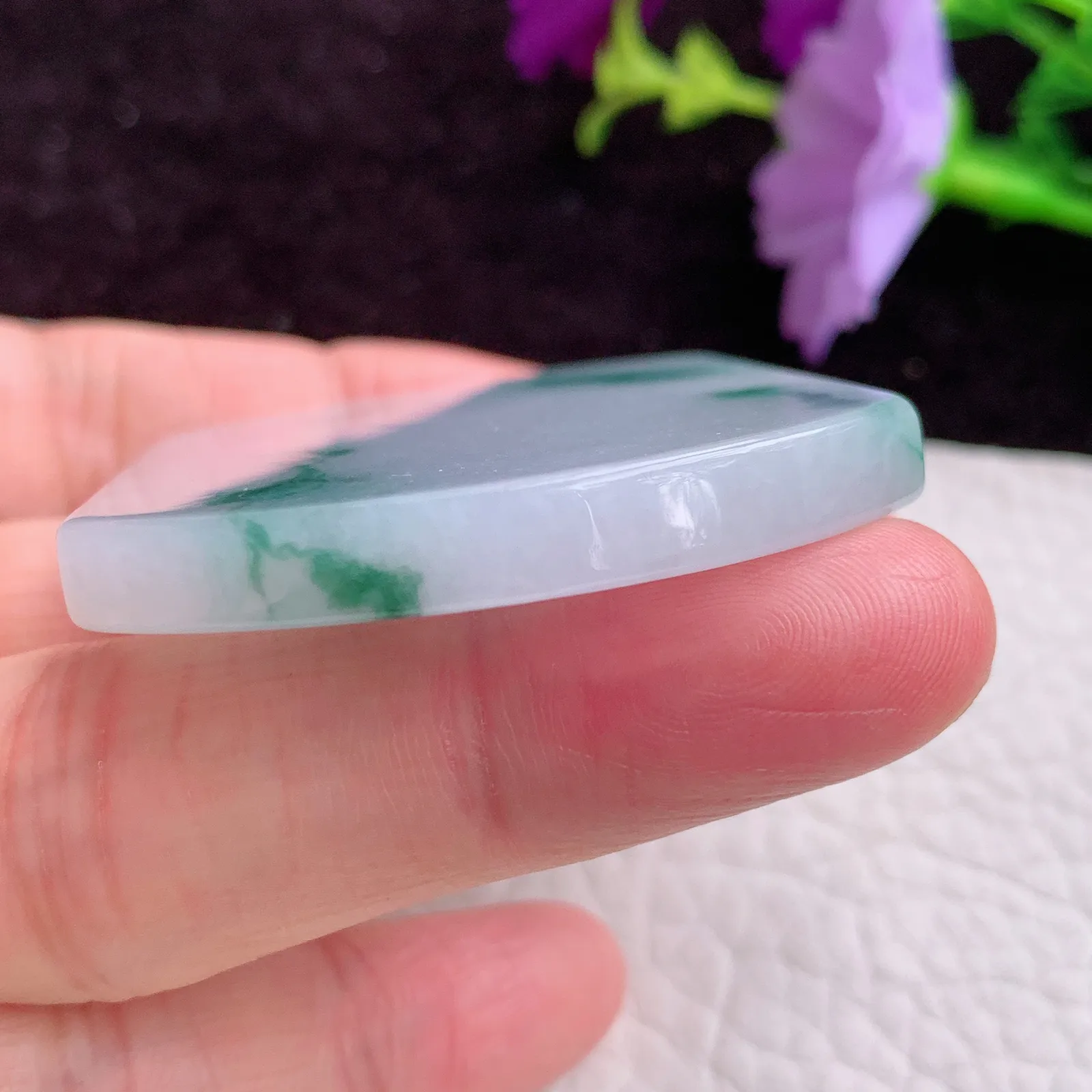 Zen实拍57*43.3*5.8天然翡翠飘花平安无事牌 素面牌玉吊坠 玉挂件