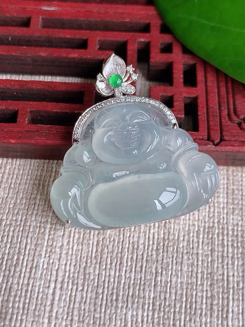 a货翡翠老坑冰种18K金伴钻镶嵌白月光佛公吊坠 尺寸29.3×20.4×28.5×7.4mm 重量6.70g 0604