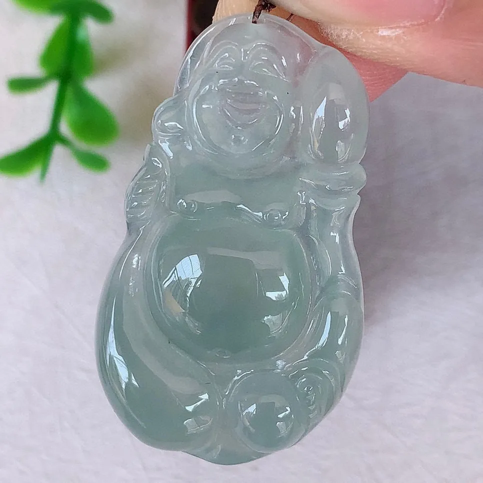 自然光实拍 冰种布袋佛翡翠挂件 代代有钱 水足丰盈 盈满欢喜  配戴送礼佳品！#147.3尺寸35*21*5.2mm