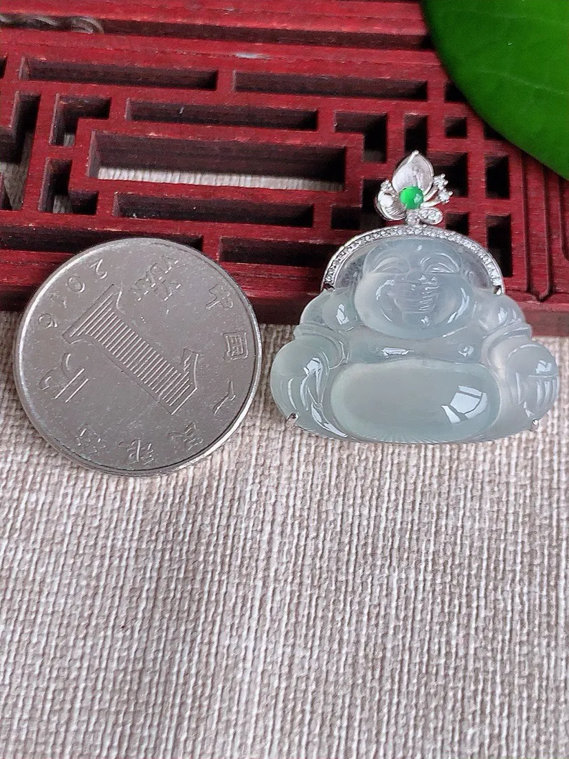 a货翡翠老坑冰种18K金伴钻镶嵌白月光佛公吊坠 尺寸29.3×20.4×28.5×7.4mm 重量6.70g 0604