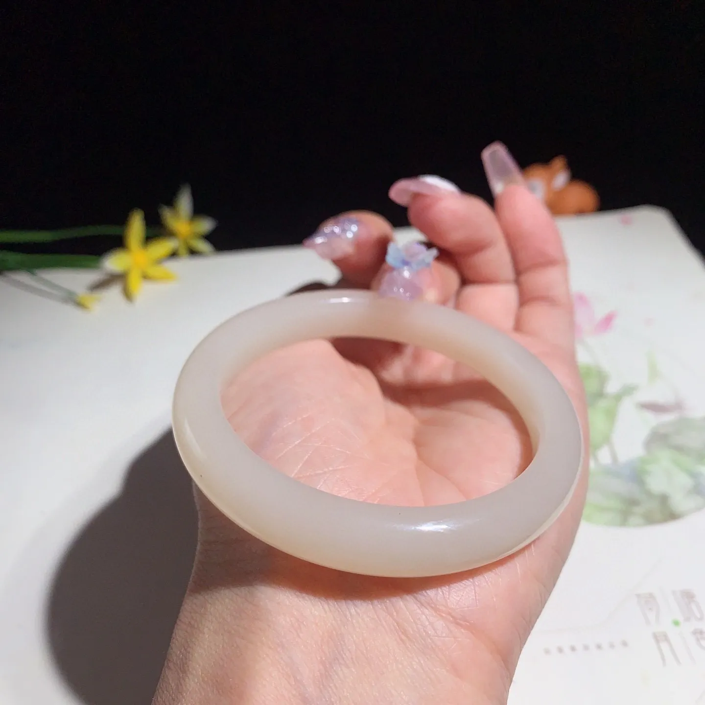 和田玉53.5圈口藕粉色手镯！玉质细腻油润 底色纯净 除脂粉好，品质好！