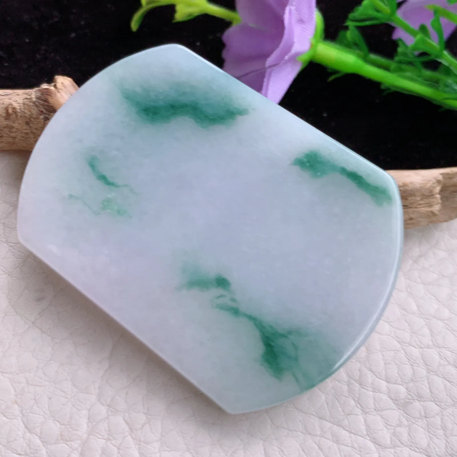 Zen实拍57*43.3*5.8天然翡翠飘花平安无事牌 素面牌玉吊坠 玉挂件