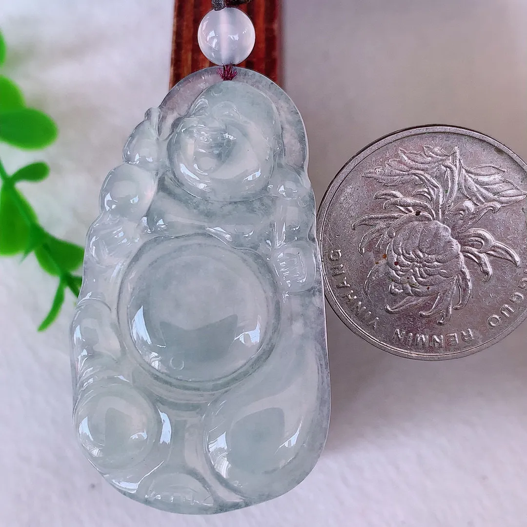 自然光实拍 冰种逍遥布袋佛翡翠挂件， 翡翠笑佛， 代代有钱 冰透 盈满欢喜 清新脱俗 配戴送礼佳品！#204.2尺寸46.5*27*5mm