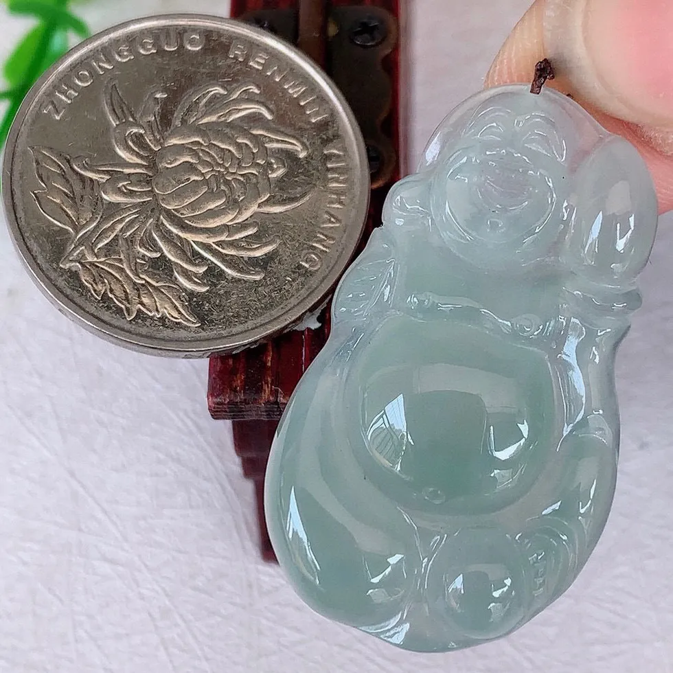 自然光实拍 冰种布袋佛翡翠挂件 代代有钱 水足丰盈 盈满欢喜  配戴送礼佳品！#147.3尺寸35*21*5.2mm