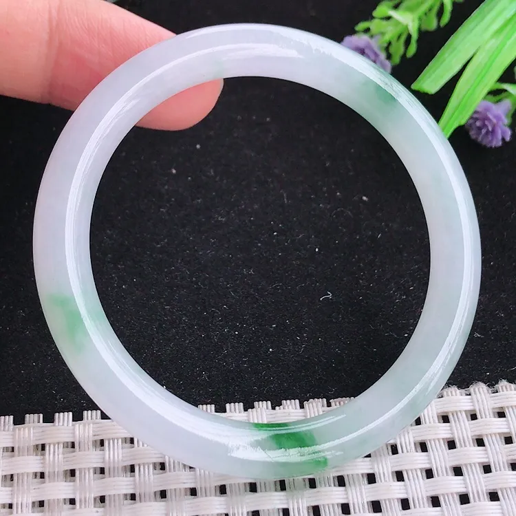 自然光50小圈口老坑精美冰胶飘绿圆条手镯翡翠玉镯尺寸50/7.5