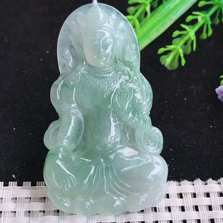 自然光64.8/37/5.8老坑冰润起胶冰晴绿度母菩萨吊坠玉挂件