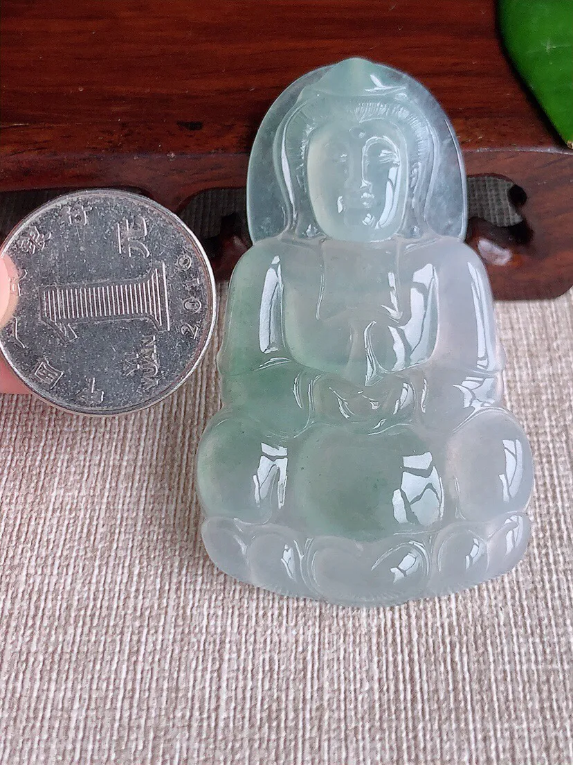 a货翡翠老坑冰种晴水正装观音吊坠 尺寸61×36×5.5mm 重量21.22g 0605