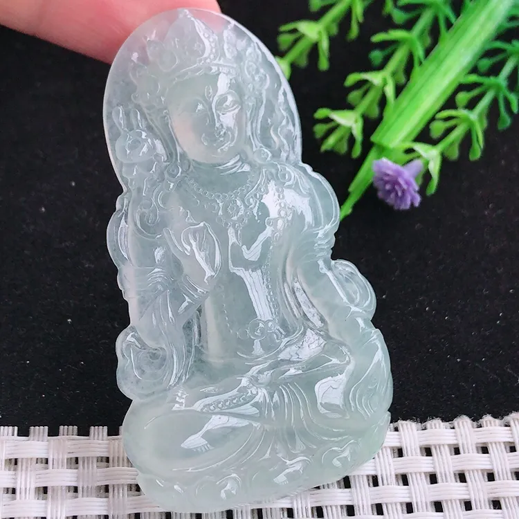 自然光69/39/6老坑冰种果冻胶度母菩萨吊坠玉观音挂件