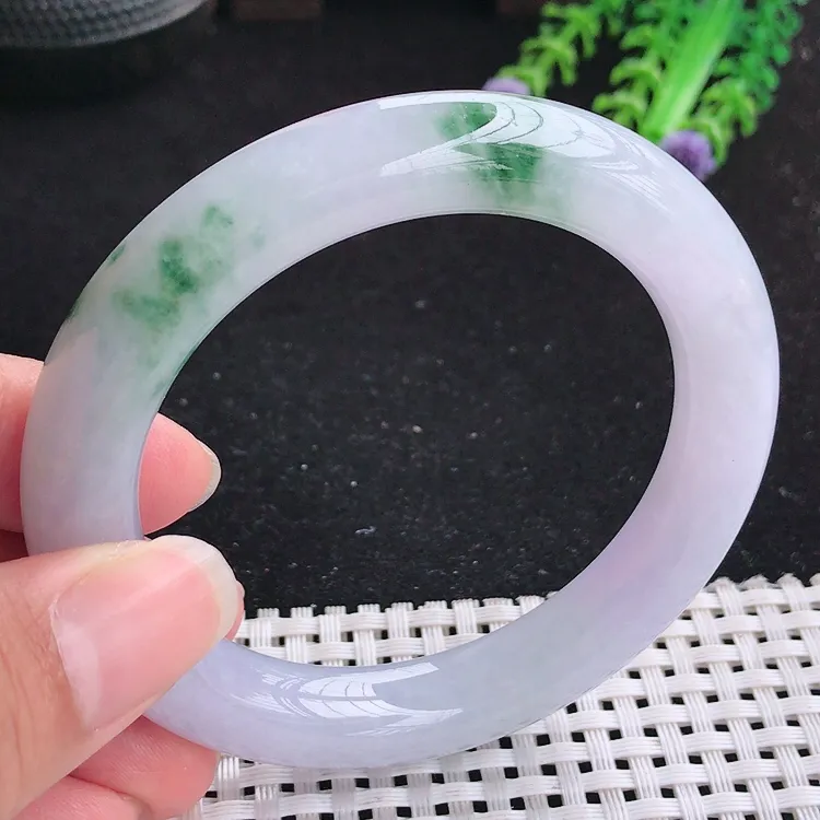 自然光55.5/10.8老坑冰胶水灵紫底飘花圆条手镯翡翠玉镯美人镯