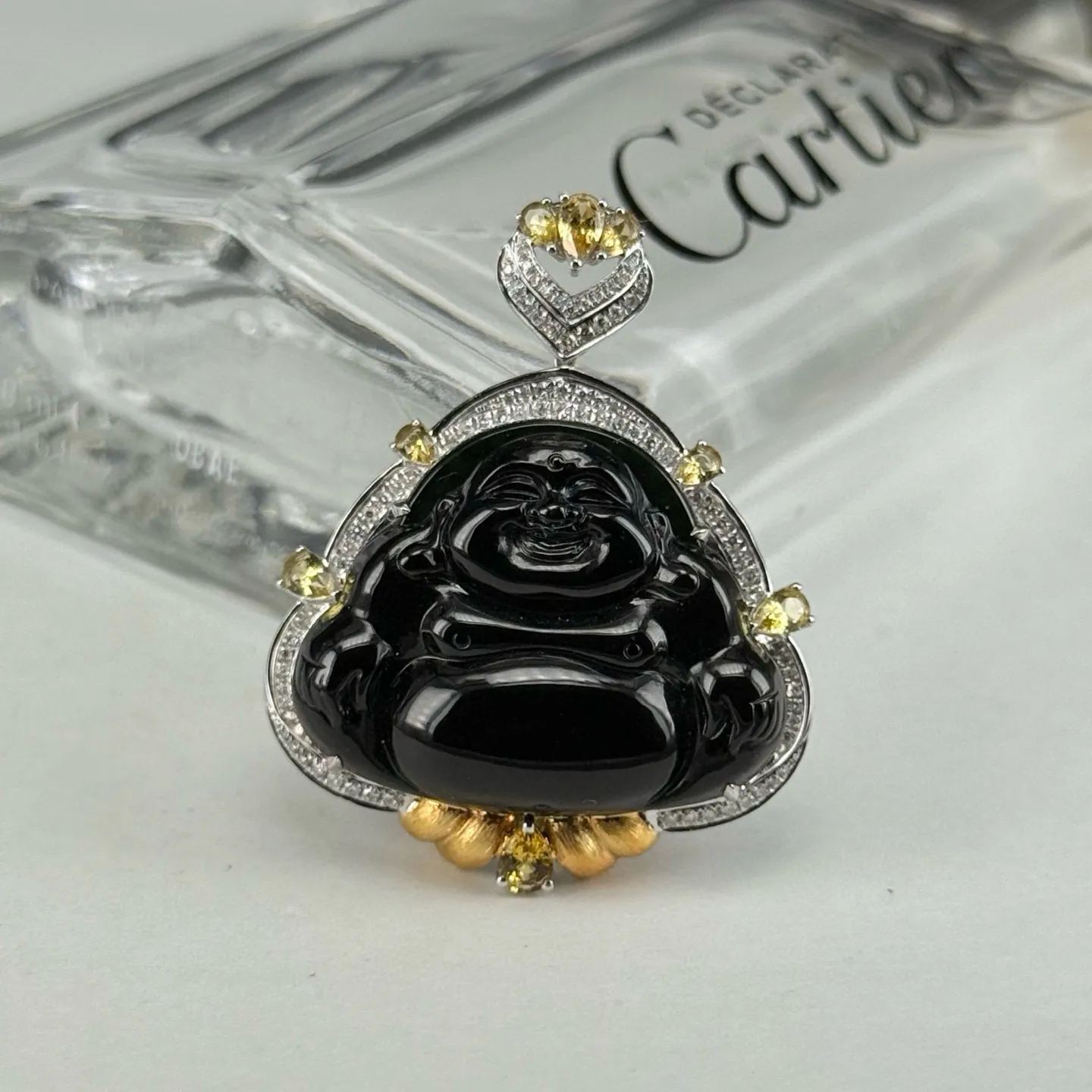 精品18k墨翠大肚佛 种好色正 黑度极好 打灯通透 油性十足 尺寸38.8