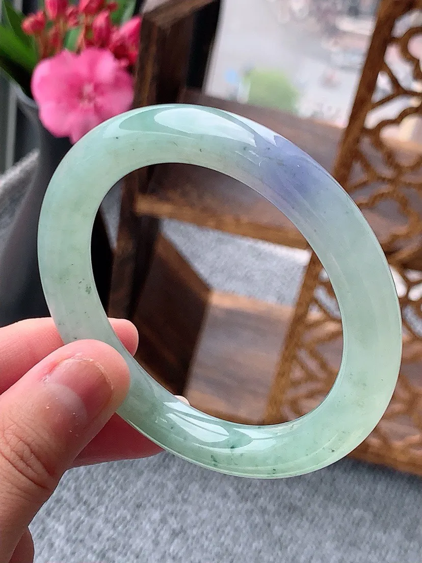 a货翡翠老坑紫罗兰飘花圆条手镯53-54圈口  尺寸53.3×9.2mm 重量48.03g 0604
