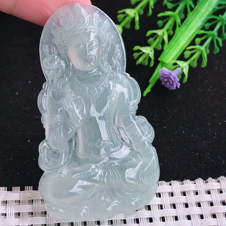 自然光69/39/6老坑冰种果冻胶度母菩萨吊坠玉观音挂件