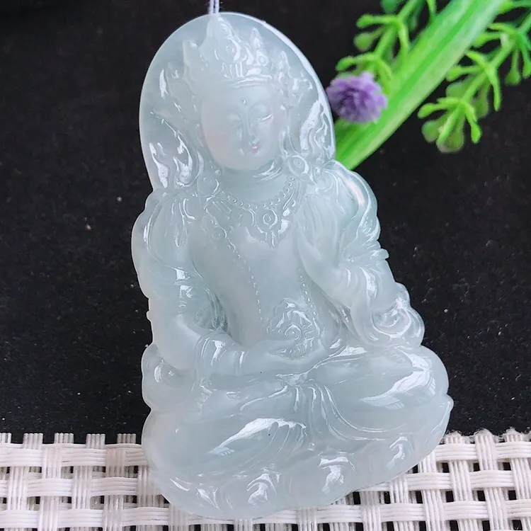 自然光65.2/41.6/6.3老坑冰胶水灵月光白度母菩萨吊坠玉挂件