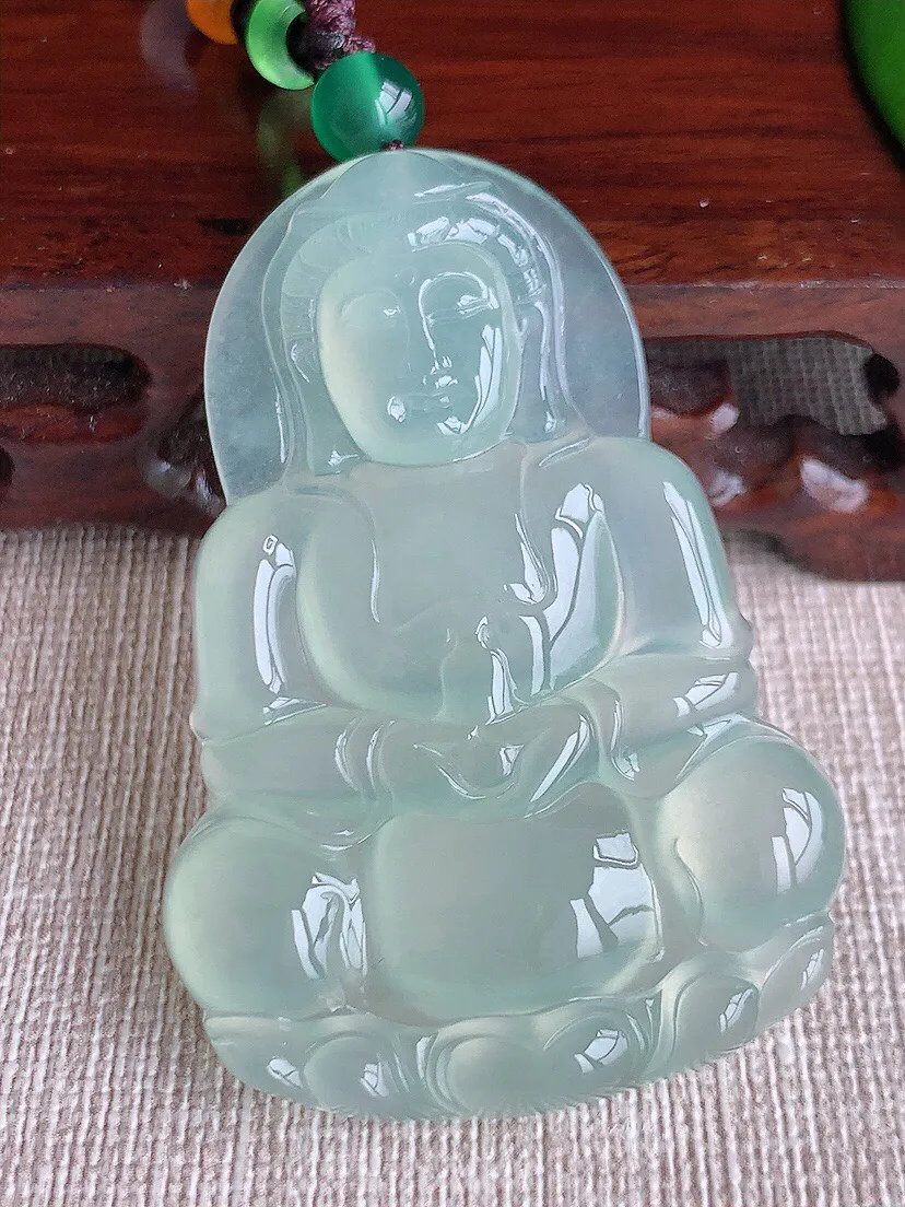 a货翡翠老坑冰种晴水正装观音吊坠 尺寸52.5×36.4×5.5mm 重量25.00g 0605