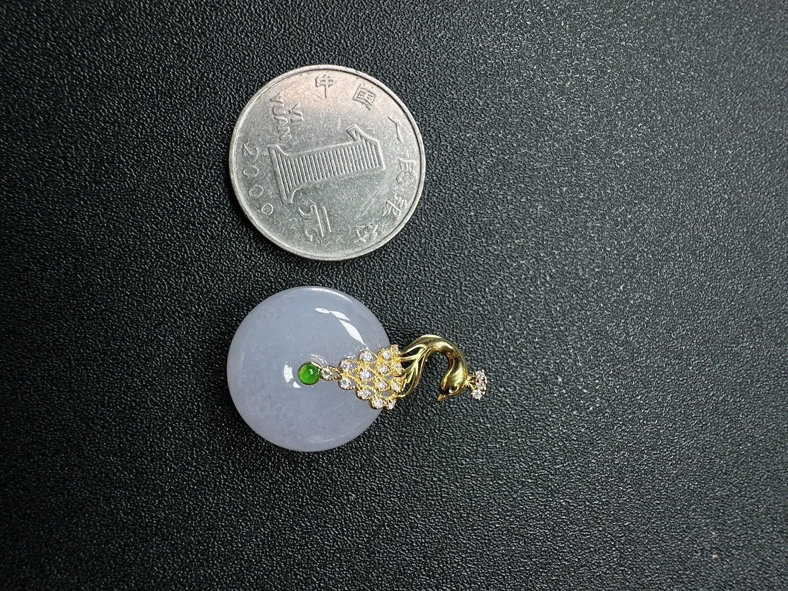 天然缅甸a货翡翠18k金镶嵌紫罗兰孔雀造型平安扣吊坠