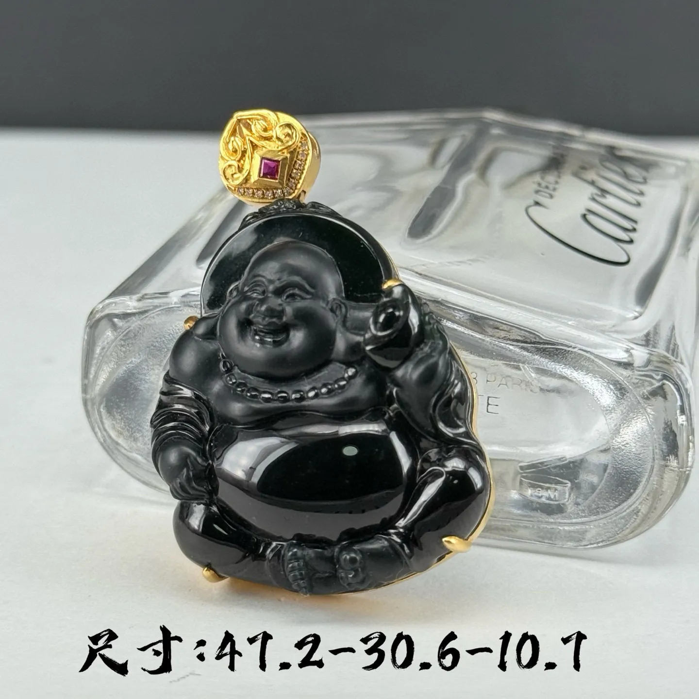精品18k墨翠送财弥勒 种好色正 黑度极好 打灯通透 油性十足 尺寸47.2