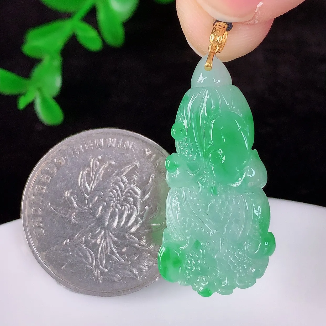 自然光实拍，18K金镶嵌冰润冰糯种飘阳绿翡翠招百财白菜吊坠，百财聚来，财源滚滚，色泽鲜艳，精工水润的白菜，性价比高！#1.5
