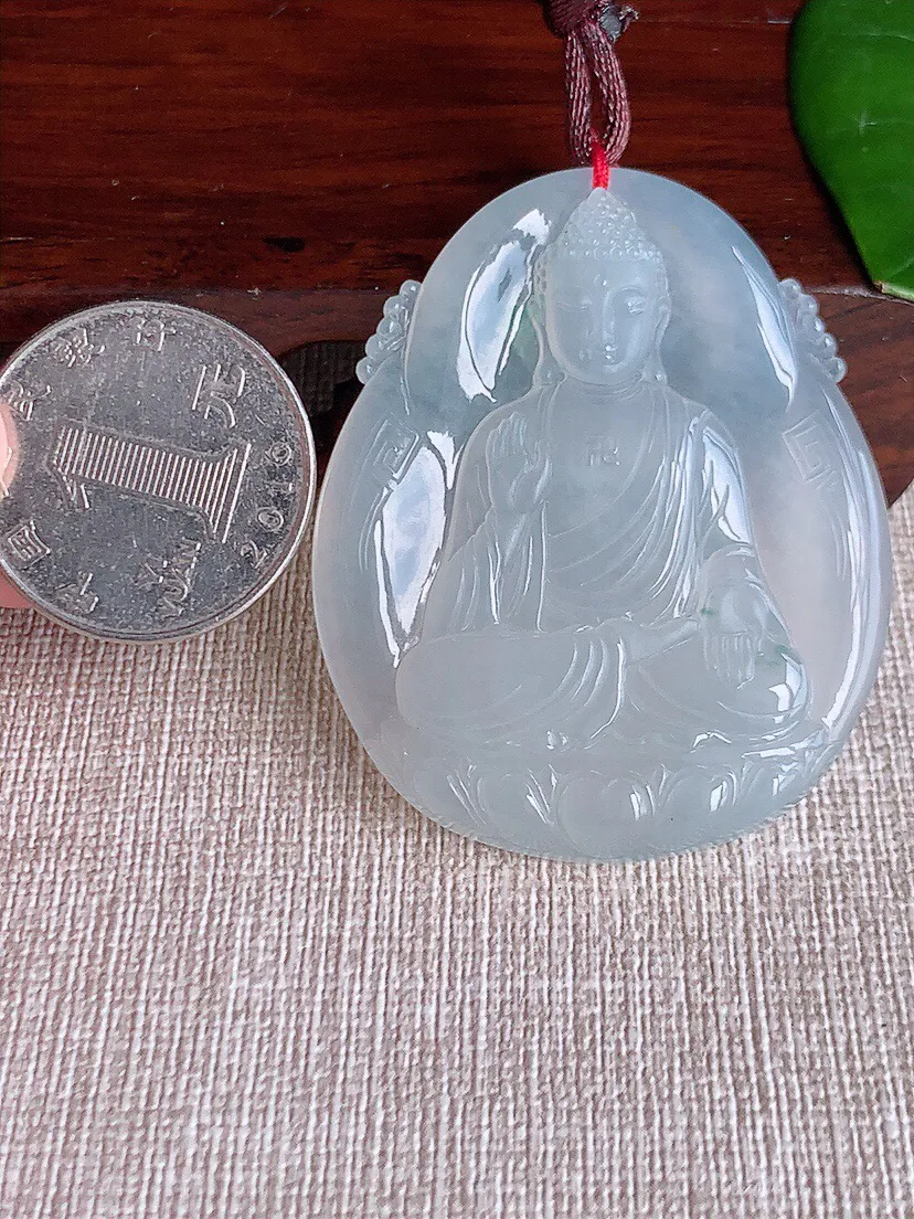 a货翡翠老坑冰种飘花一刀切大日如来吊坠 尺寸49.7×41×5.5mm 重量23.06g 0606