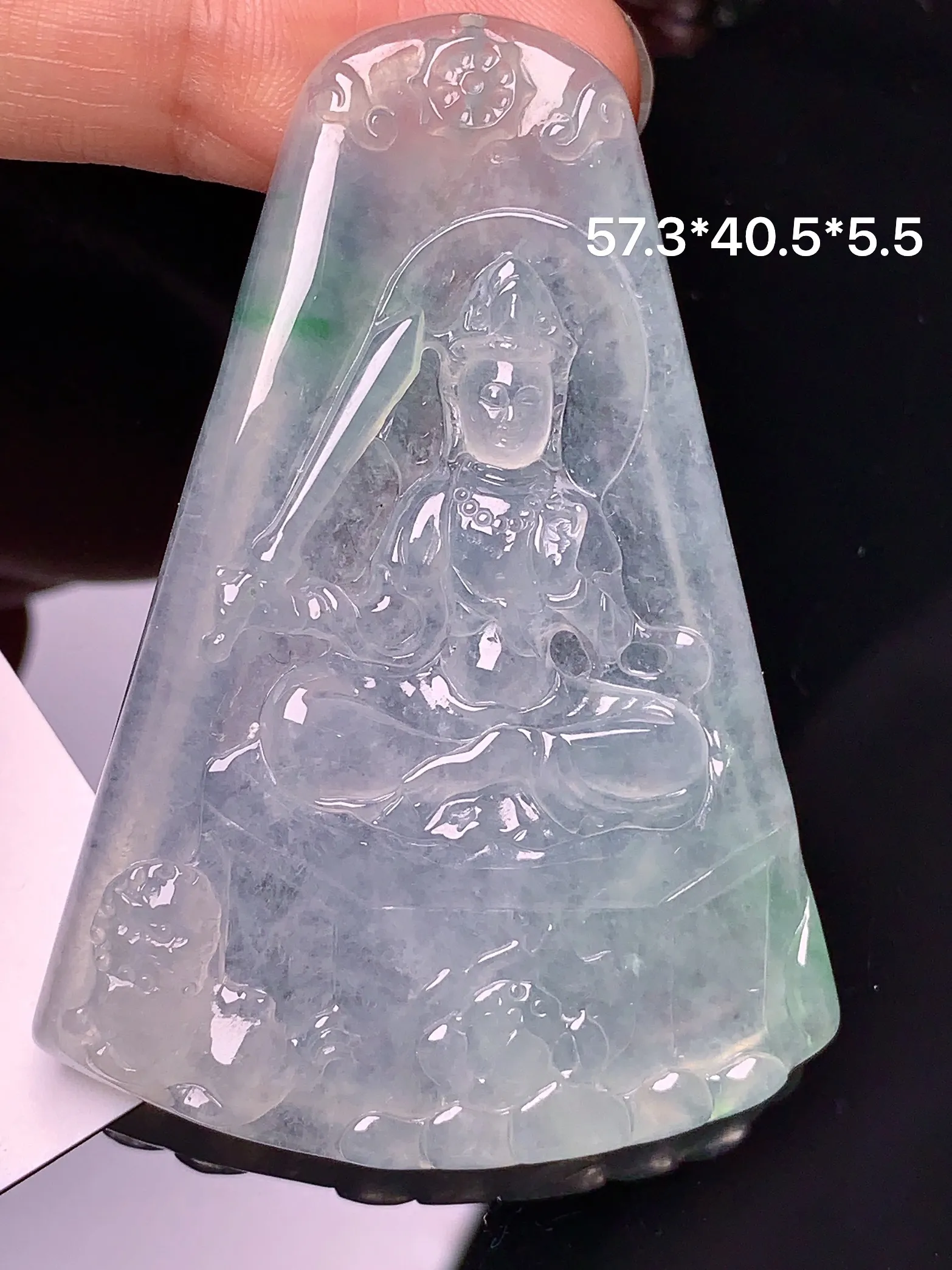 冰种大势至观音菩萨吊坠 玉质细腻 色泽艳丽 整体尺寸57.3*40.5*5.5