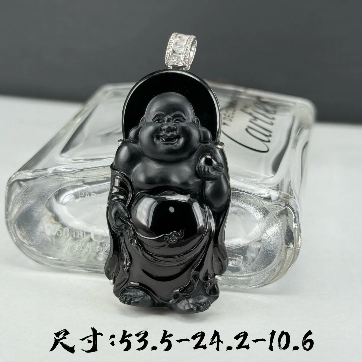 精品18k墨翠站佛弥勒 种好色正 黑度极好 打灯通透 油性十足 尺寸53.5
