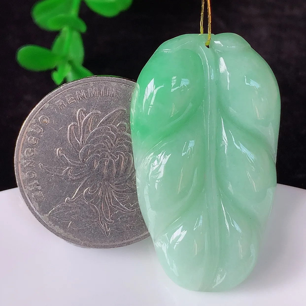 自然光实拍，冰润冰糯种飘绿翡翠事业有成叶子吊坠，莹润且起胶，叶子清秀优雅，佩戴大业有成！#35.5