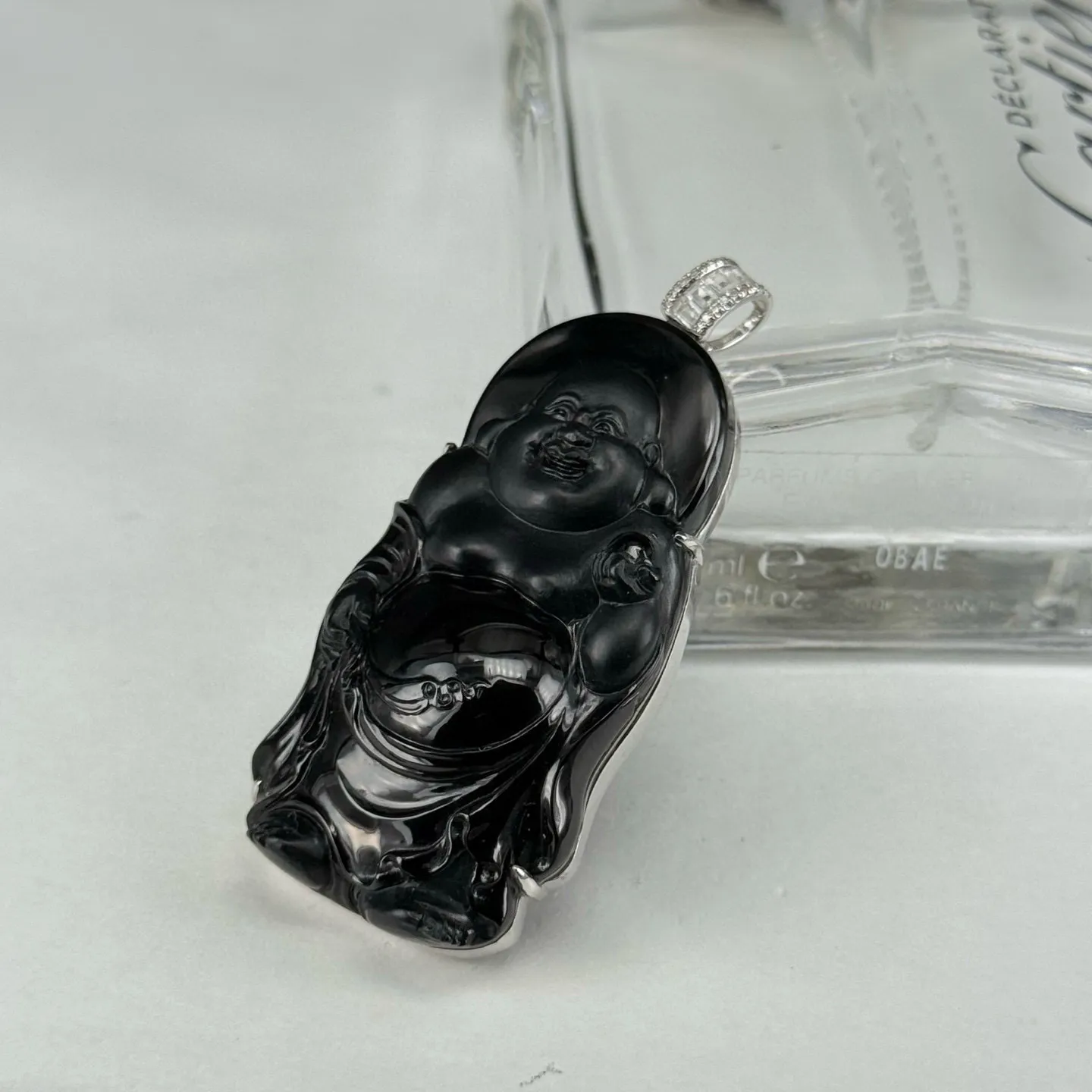 精品18k墨翠站佛弥勒 种好色正 黑度极好 打灯通透 油性十足 尺寸53.5