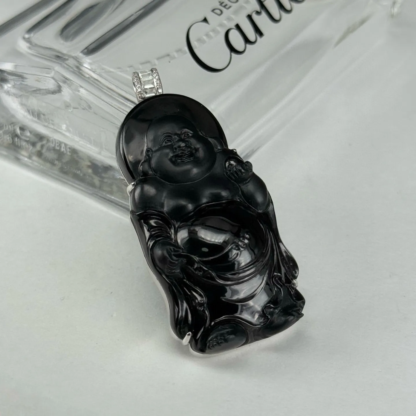 精品18k墨翠站佛弥勒 种好色正 黑度极好 打灯通透 油性十足 尺寸53.5