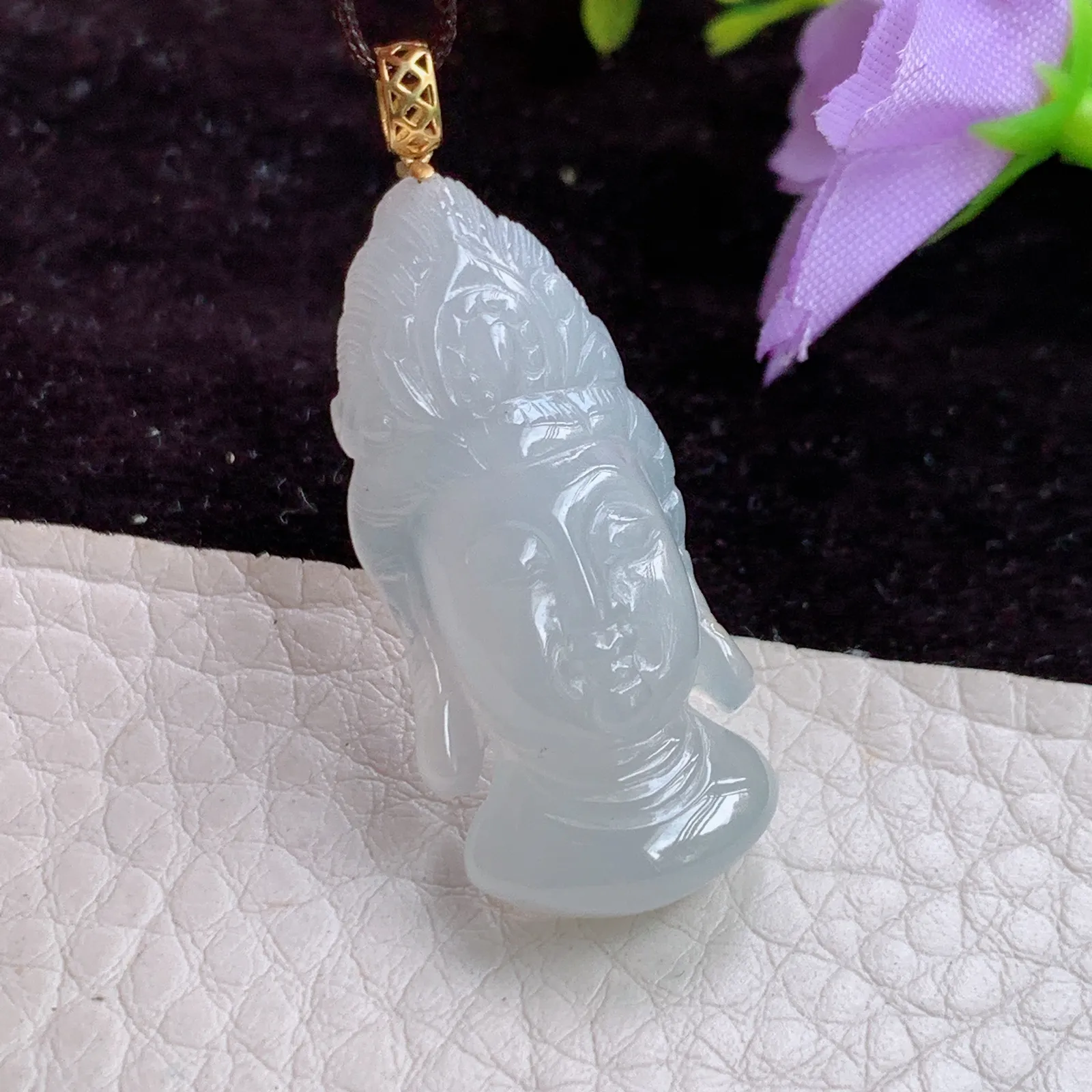 x54实拍33.3*15.5*6.3天然翡翠冰胶美观音首 玉观音头玉吊坠 锁骨坠 18k