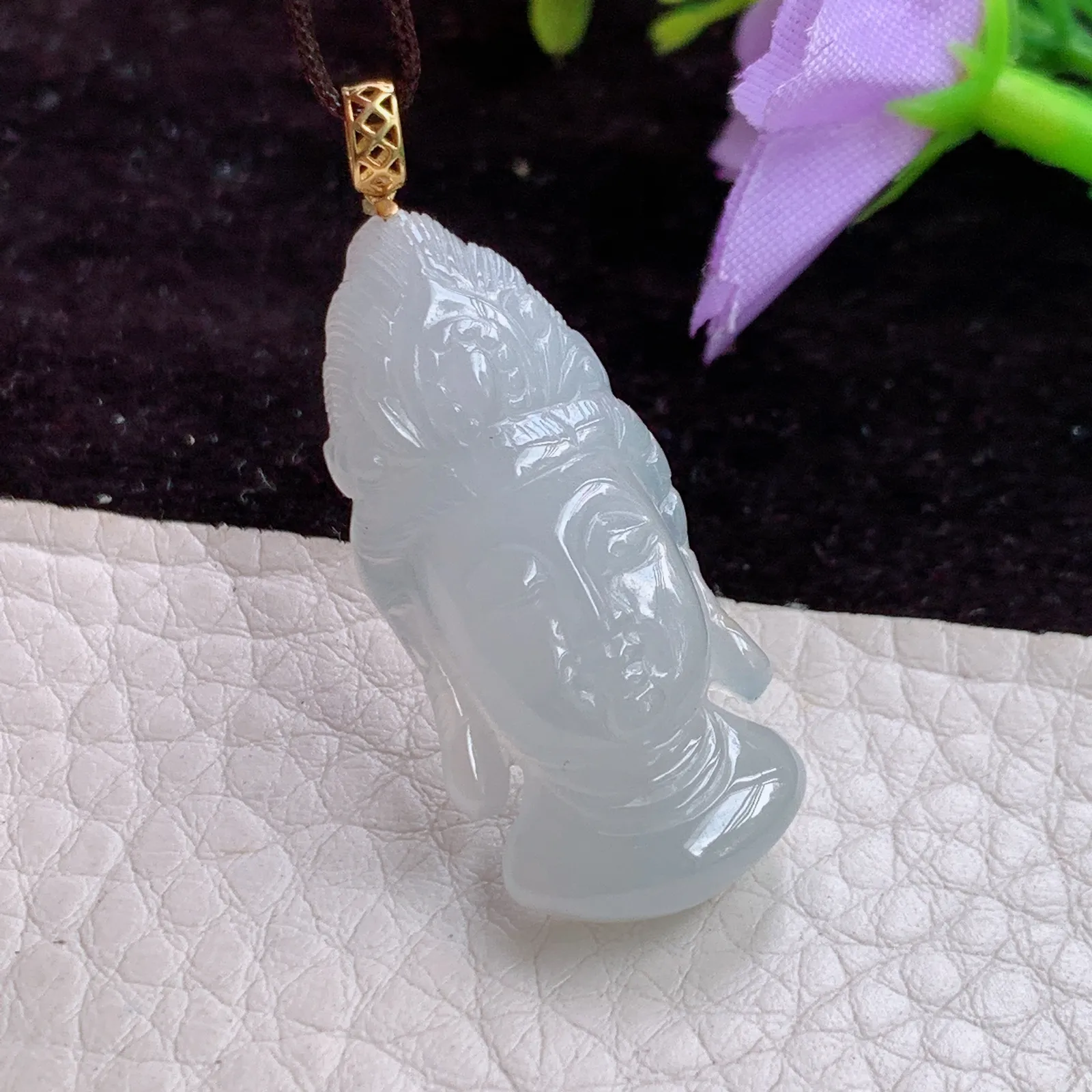 x54实拍33.3*15.5*6.3天然翡翠冰胶美观音首 玉观音头玉吊坠 锁骨坠 18k