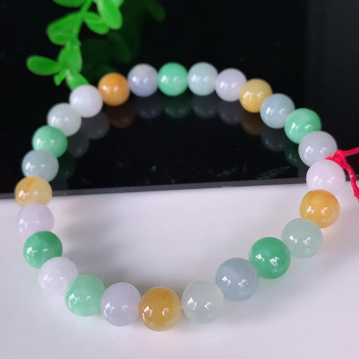 自然光实拍，冰润冰糯种多彩圆珠翡翠手串手链，种老水足，冰清玉润  颜色漂亮  #46.5取一尺寸7.5mm
