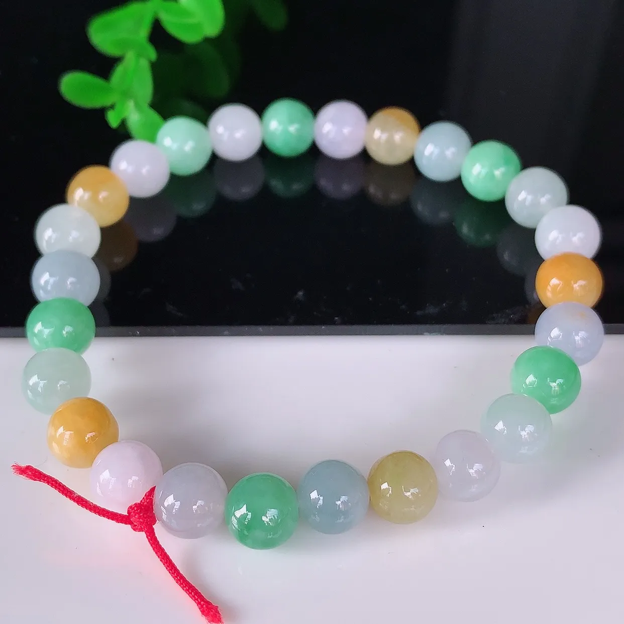 自然光实拍，冰润冰糯种多彩圆珠翡翠手串手链，种老水足，冰清玉润  颜色漂亮  #46.5取一尺寸7.5mm
