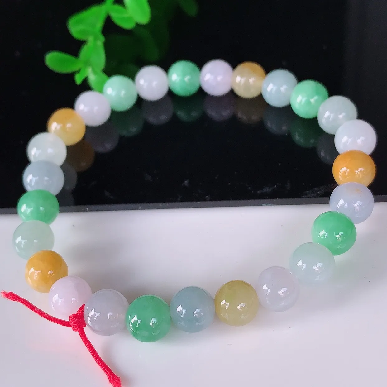 自然光实拍，冰润冰糯种多彩圆珠翡翠手串手链，种老水足，冰清玉润  颜色漂亮  #46.5取一尺寸7.5mm