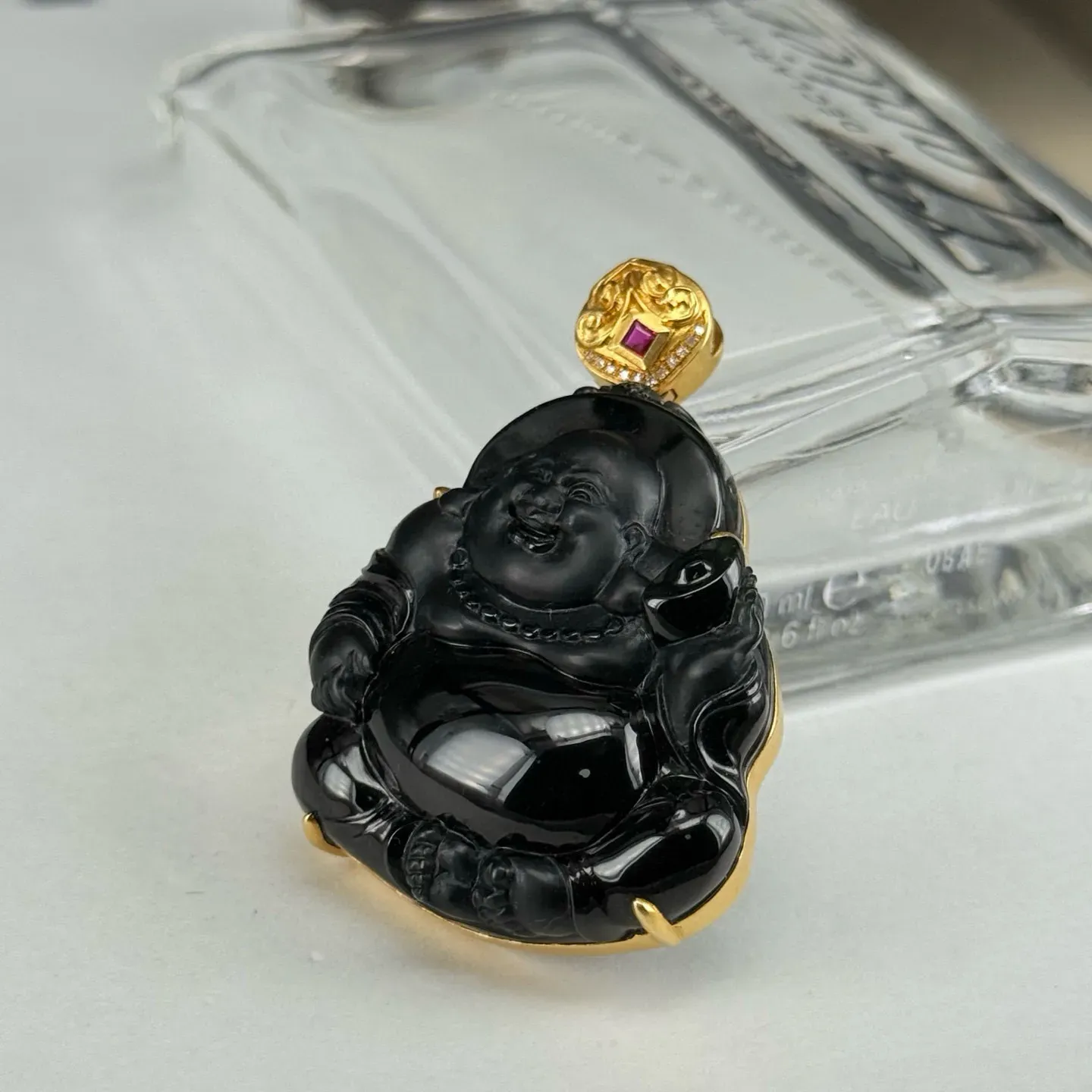 精品18k墨翠送财弥勒 种好色正 黑度极好 打灯通透 油性十足 尺寸47.2