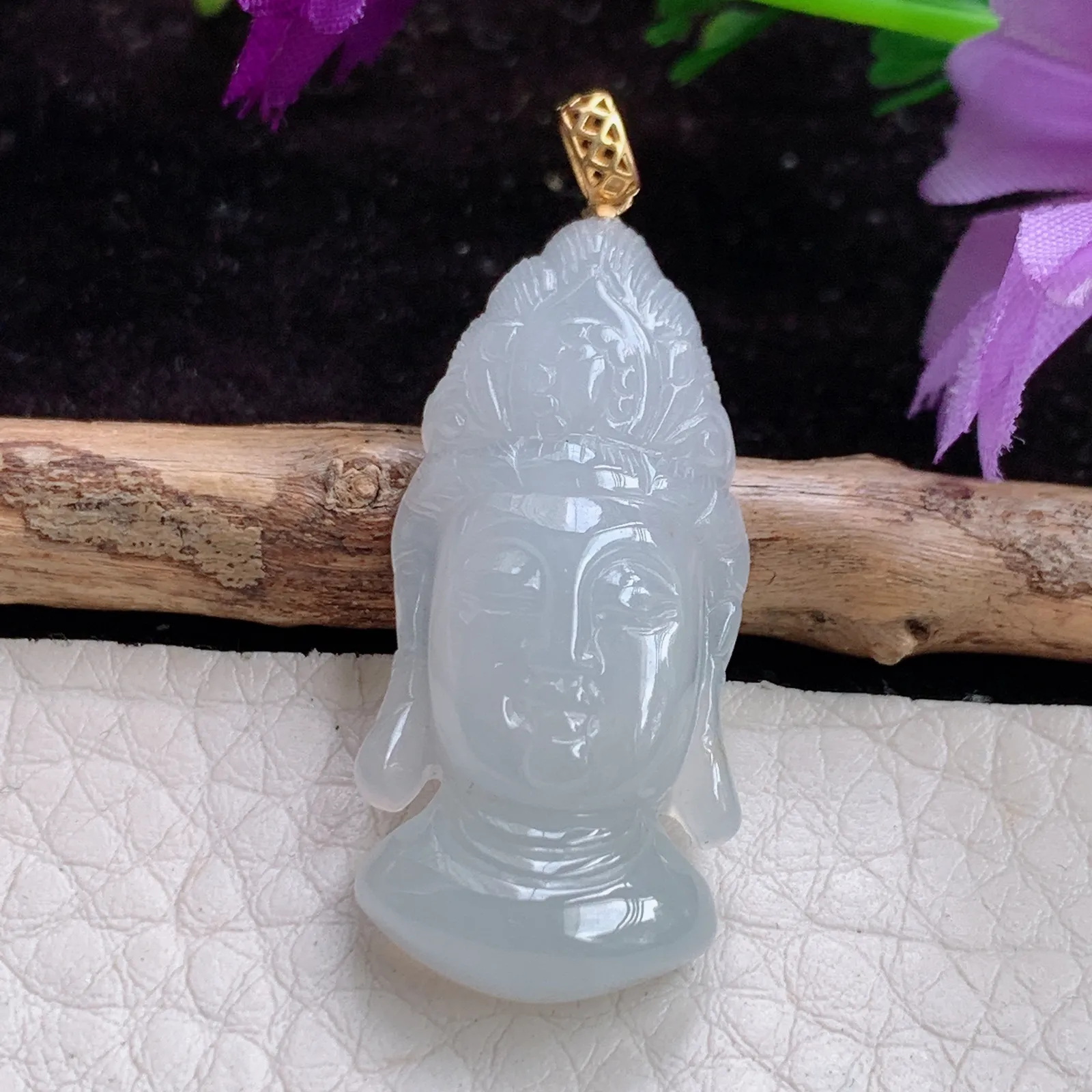 x54实拍33.3*15.5*6.3天然翡翠冰胶美观音首 玉观音头玉吊坠 锁骨坠 18k