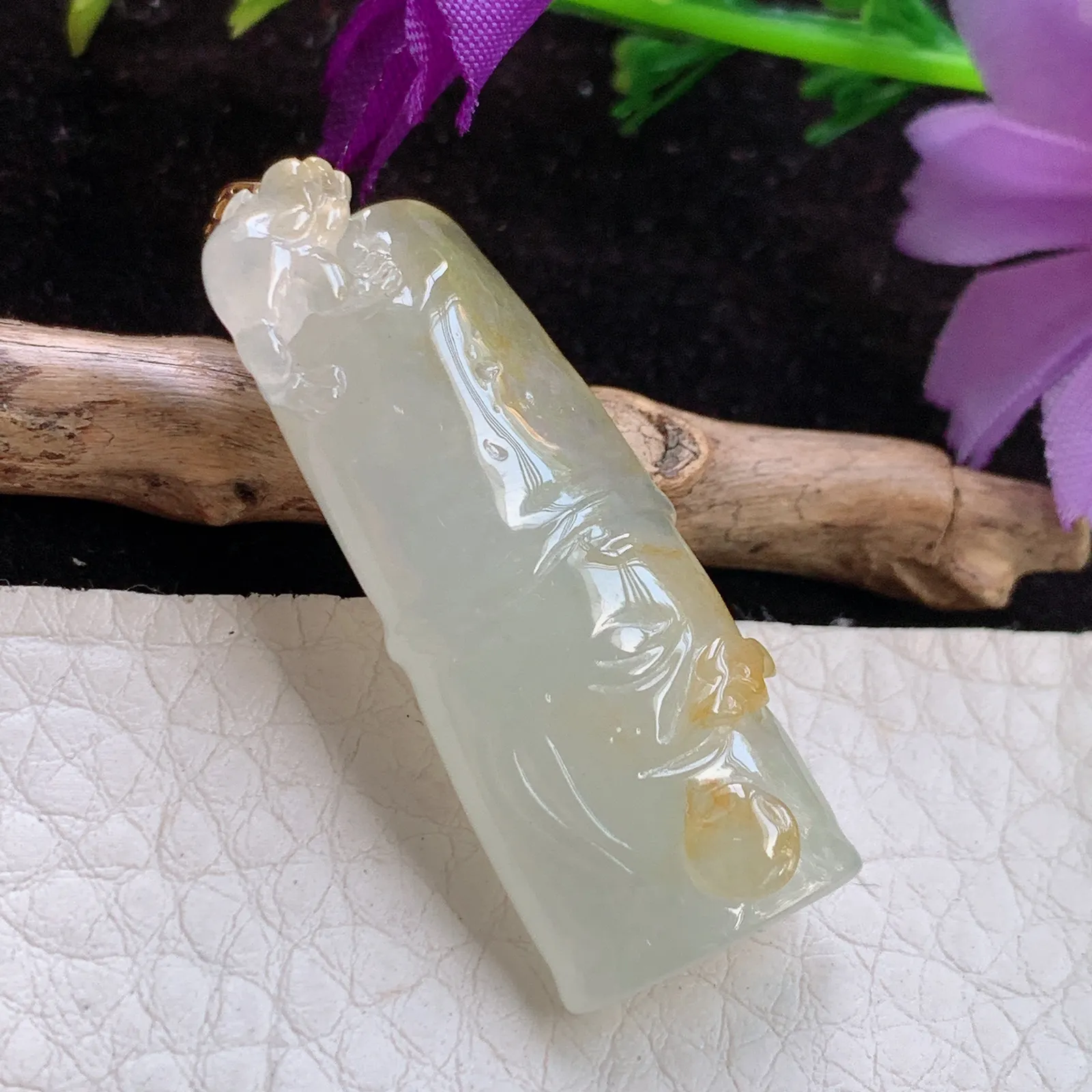 x54实拍37.6*14.8*8天然翡翠冰黄竹节 胸有成竹玉吊坠 锁骨坠 18k