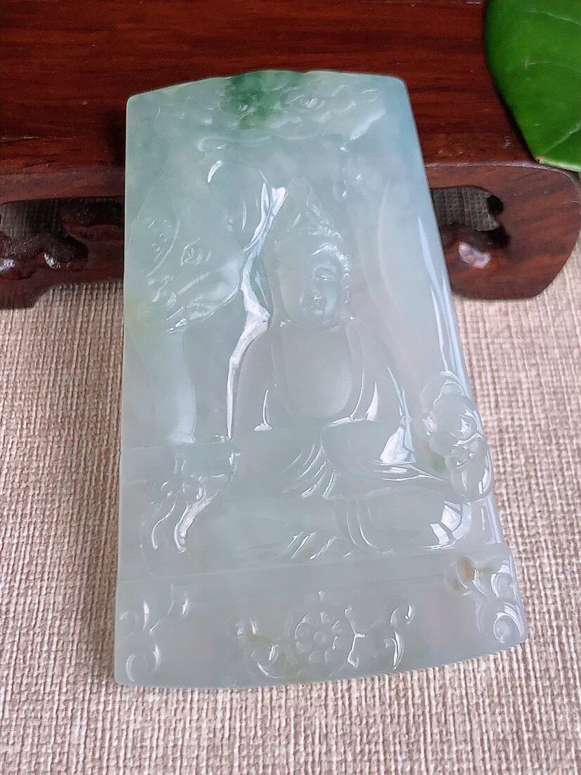 a货翡翠老坑冰种飘花普贤菩萨吊坠 尺寸73×44.7×5.3mm 重量44.50g 0607