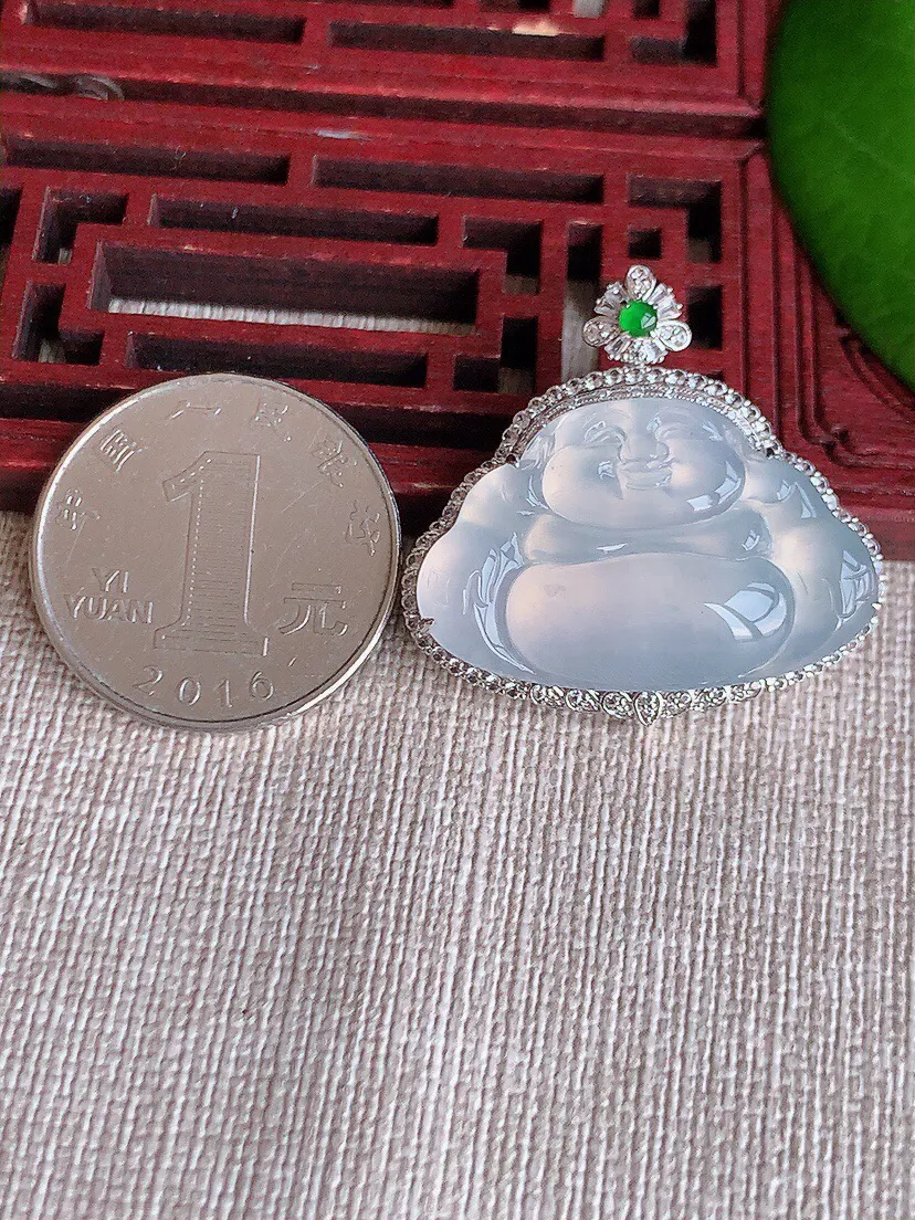 a货翡翠老坑冰种18K金伴钻镶嵌白月光佛公吊坠 尺寸30.3×31.7×9.8裸石18.7×30mm 重量9.18g 0607