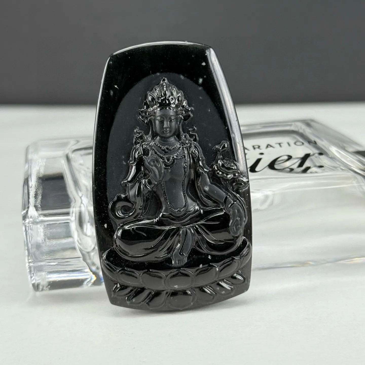精品墨翠雪花棉度母观音 种好色正 黑度极好 打灯通透 油性十足 尺寸53.3