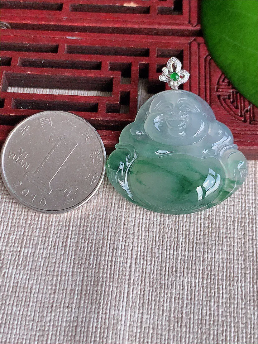a货翡翠老坑冰种18K金扣头飘花一刀切佛公吊坠 尺寸37×29×32×5.4mm 重量9.93g 0607