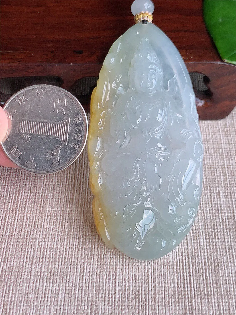 a货翡翠老坑冰种飘黄翡普贤菩萨吊坠 尺寸67.5×31.4×6.6mm 重量32.30g 0607