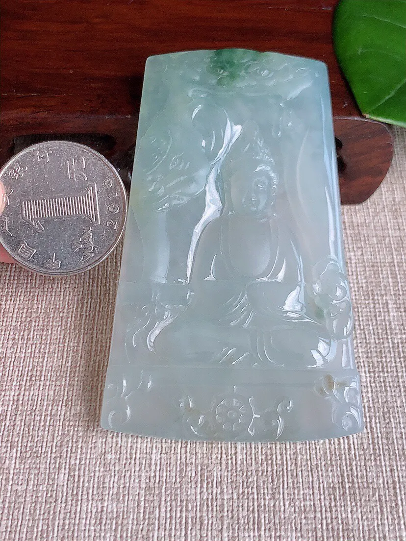 a货翡翠老坑冰种飘花普贤菩萨吊坠 尺寸73×44.7×5.3mm 重量44.50g 0607